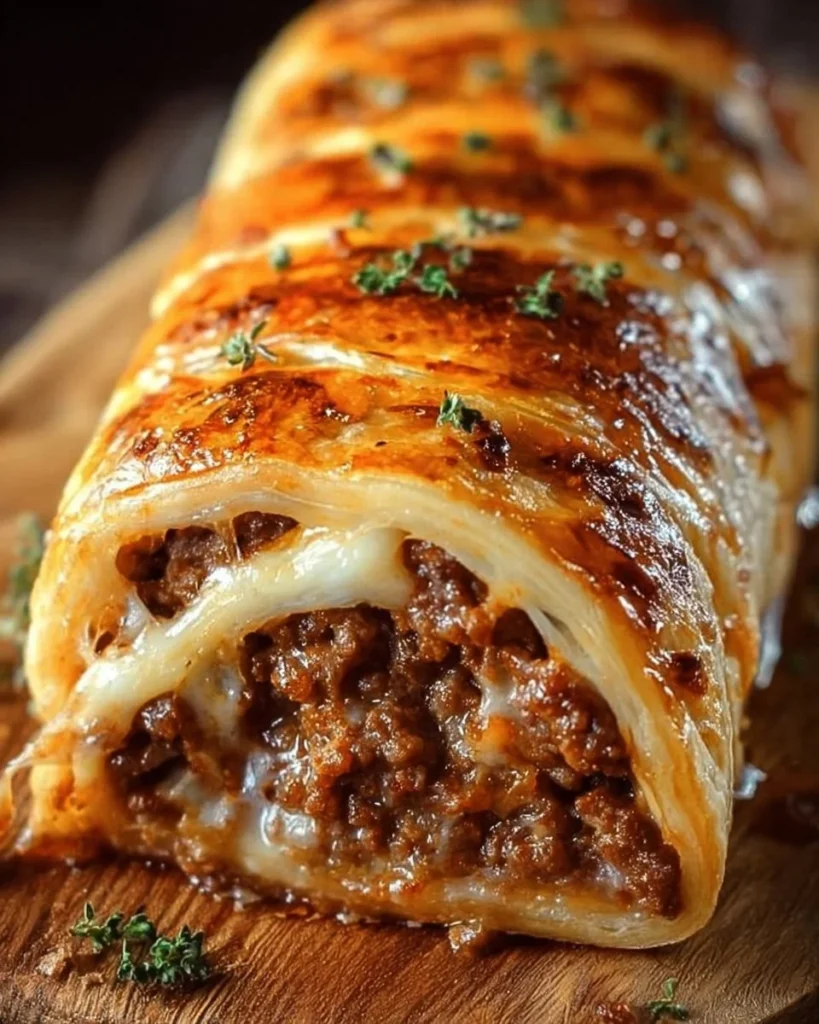 Delicious ultimate cheesy ground beef roll garnished with herbs.