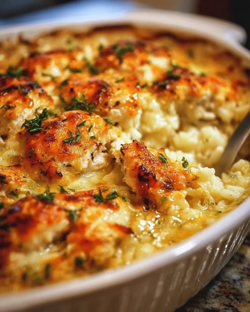 A delicious angel chicken rice casserole topped with herbs and cheese, served in a baking dish.