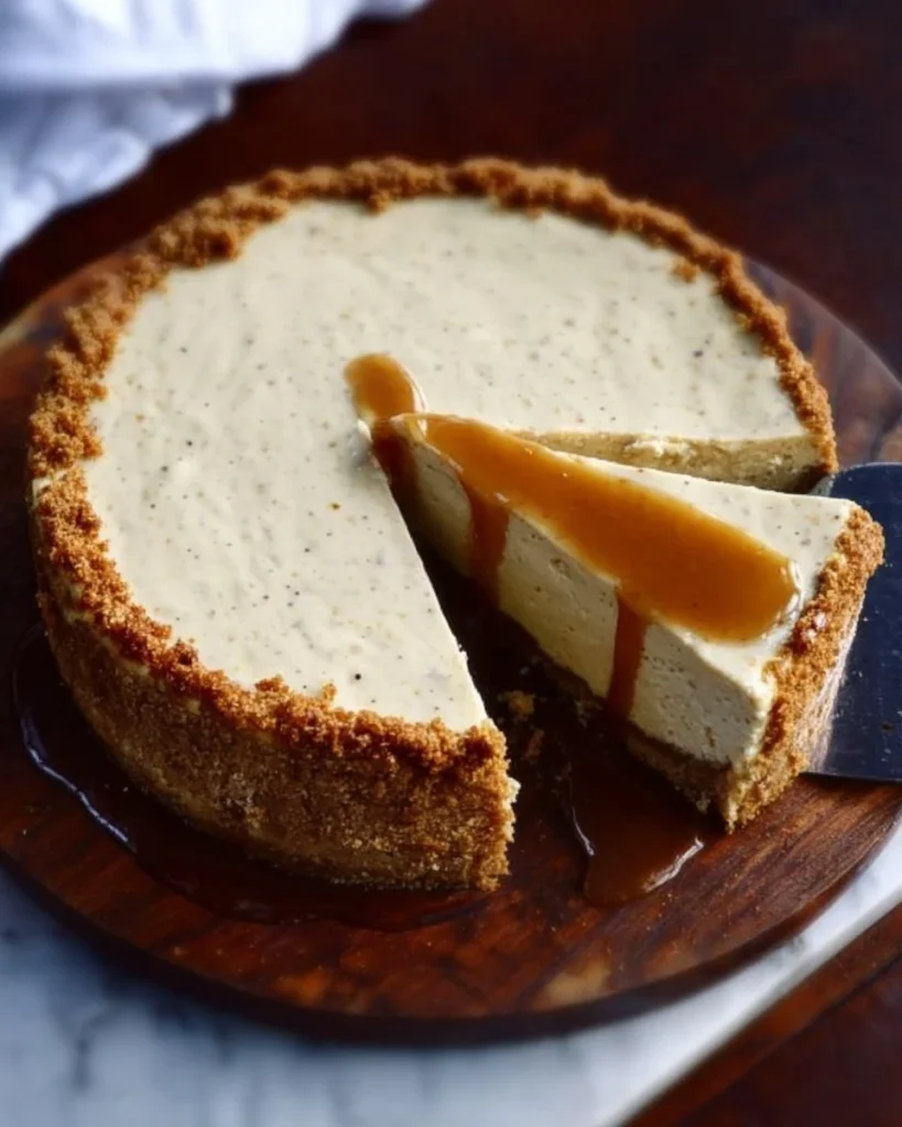 Slice of Vanilla Bean Brown Butter Cheesecake on a plate garnished with berries
