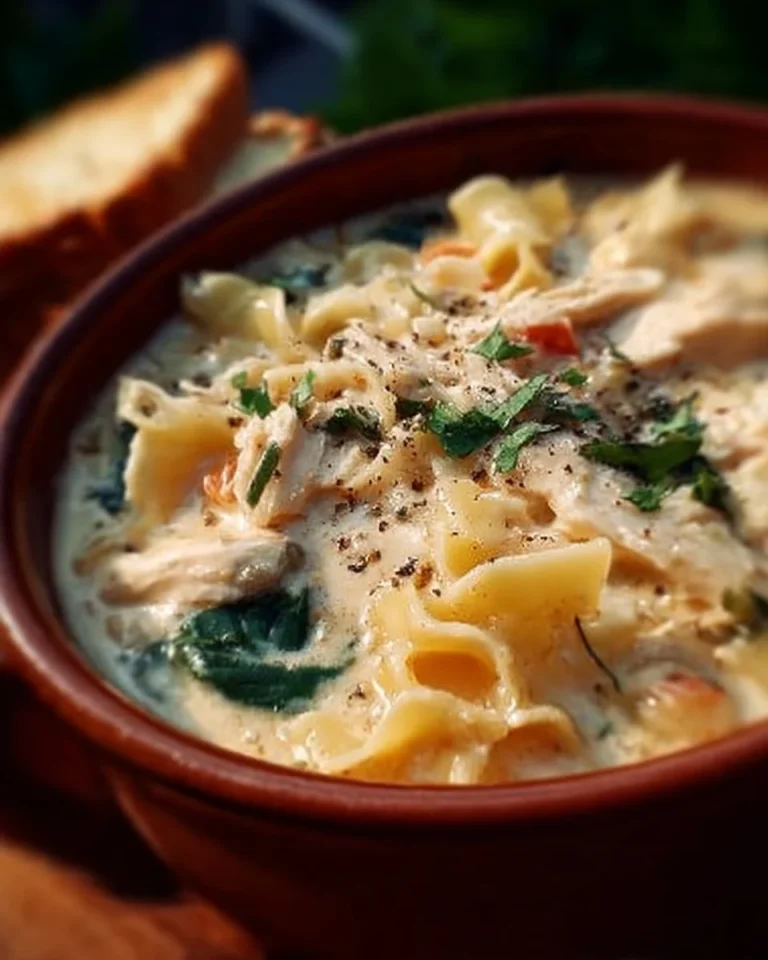 Creamy white chicken lasagna soup served in a bowl with melted cheese on top.