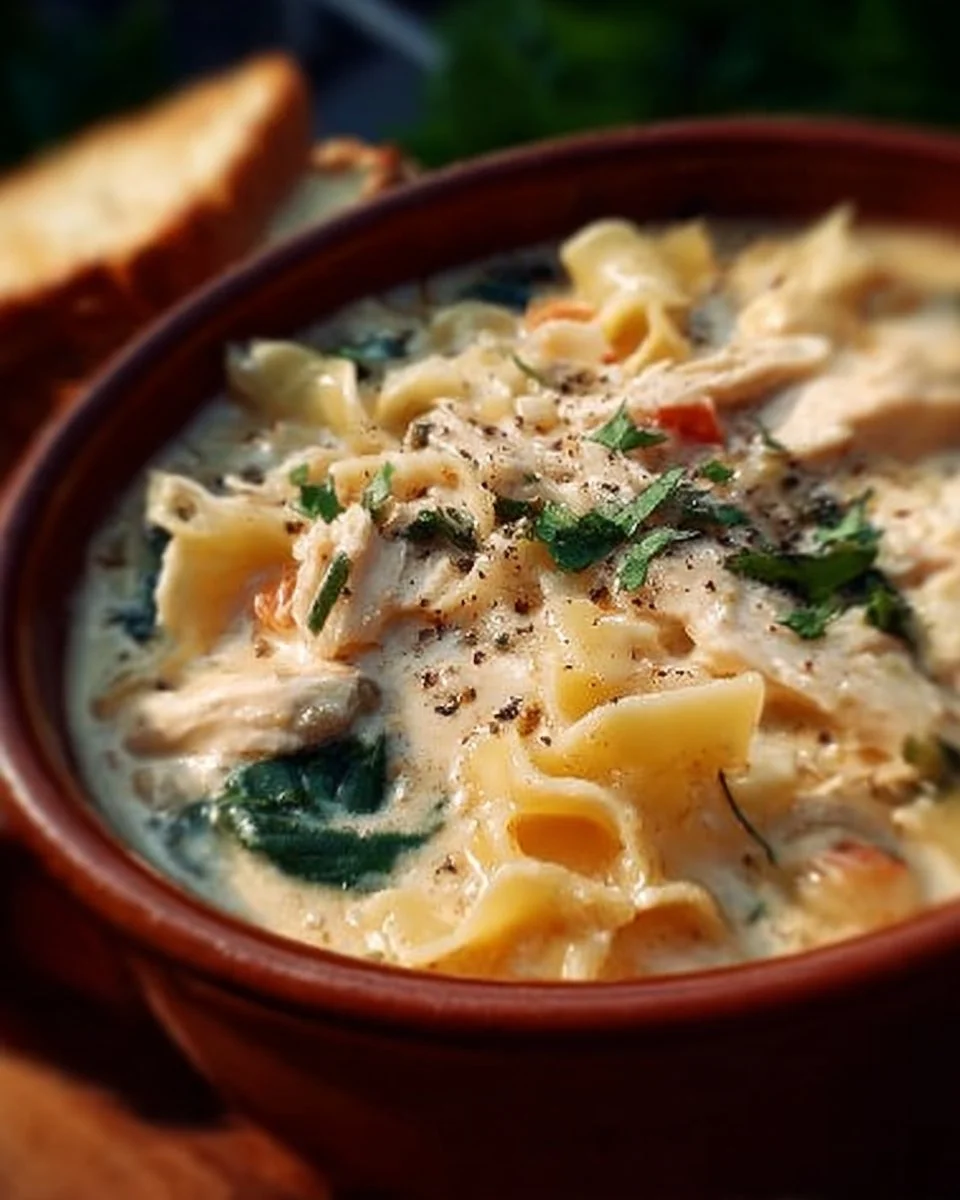 Creamy white chicken lasagna soup served in a bowl with melted cheese on top.