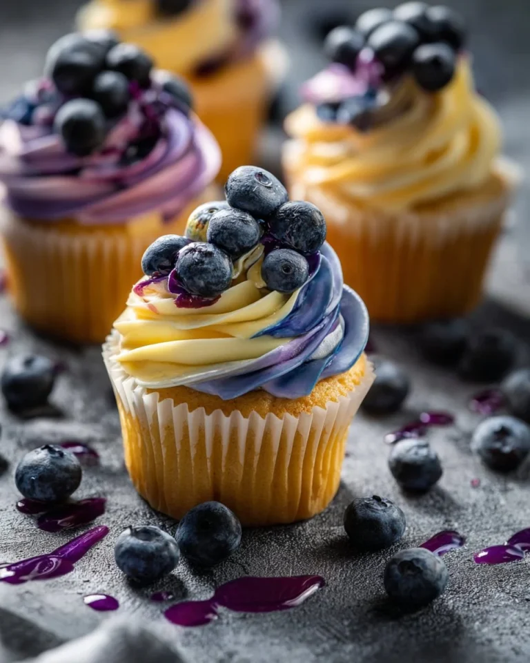 Delicious white chocolate blueberry cupcakes topped with fresh berries