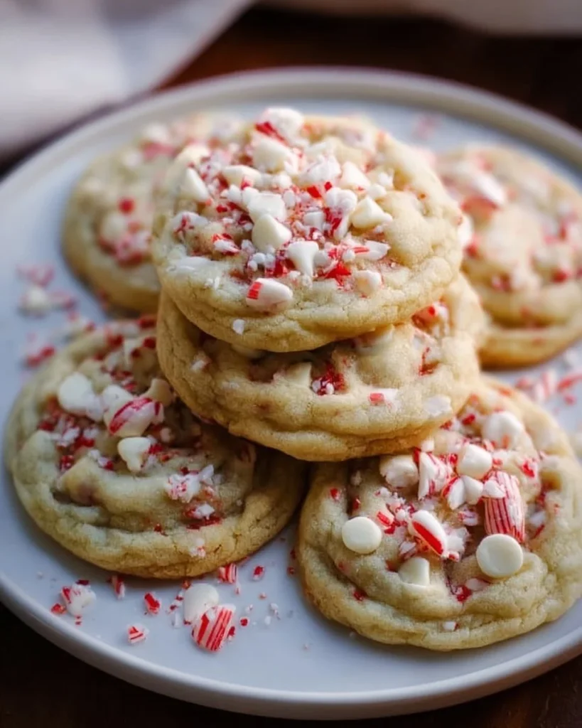 Delicious white chocolate peppermint cookies on a festive plate