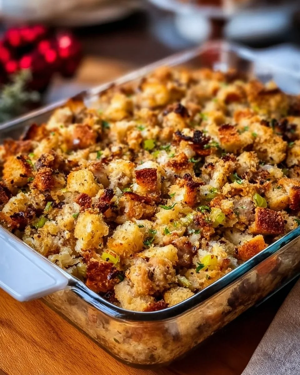 Delicious turkey stuffing recipe prepared for Thanksgiving dinner