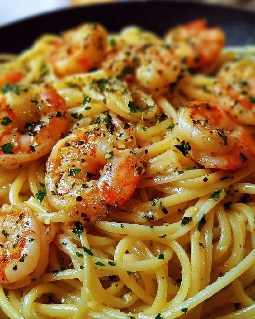Delicious 1-pot garlic butter shrimp pasta garnished with fresh herbs