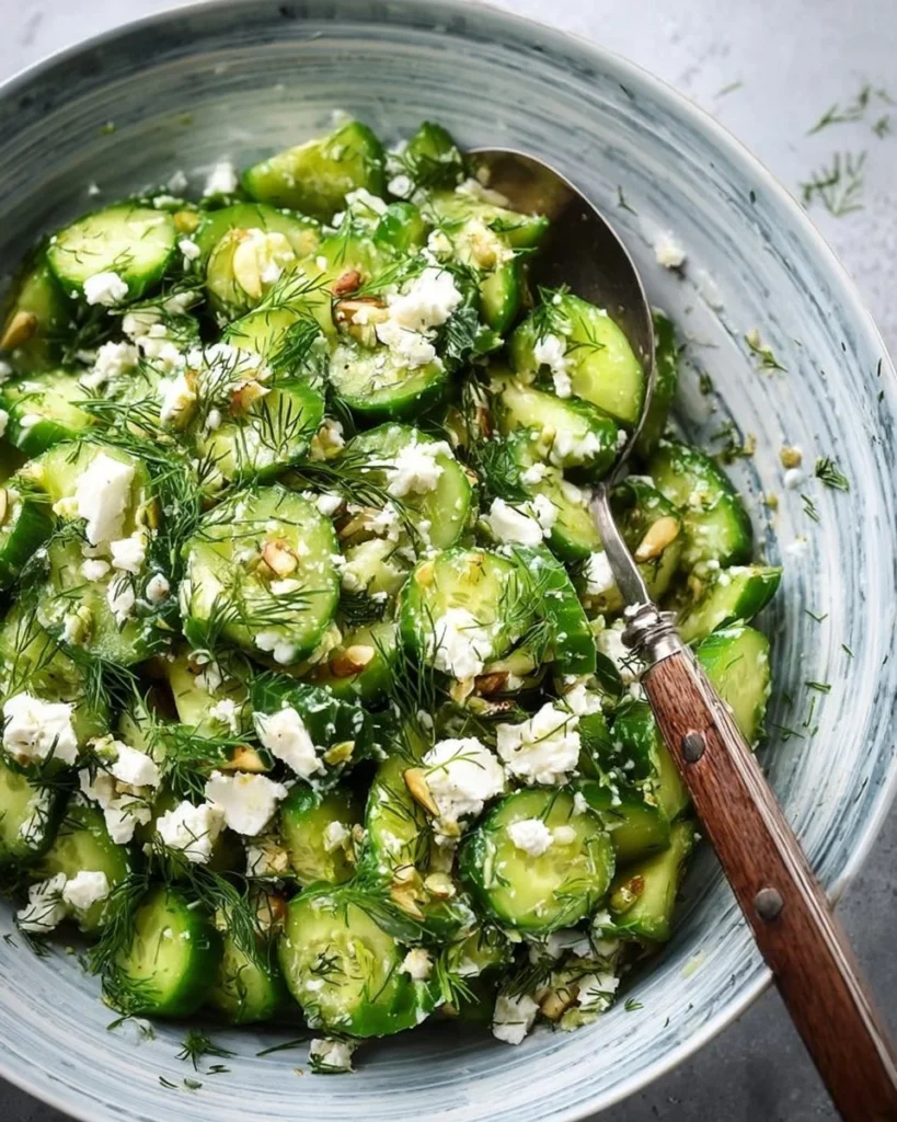 Smashed cucumber salad with feta and dill in a bowl