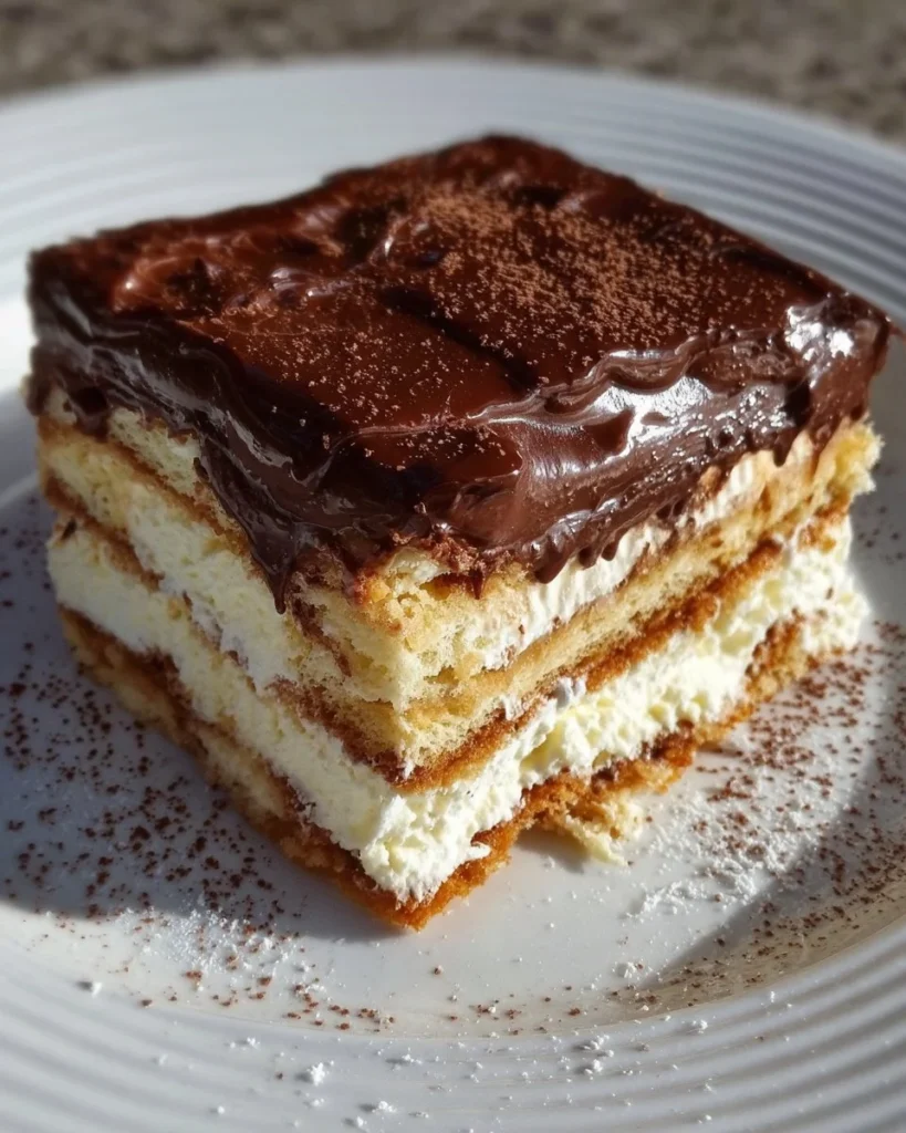 No-bake eclair cake topped with chocolate and cream in a serving dish.