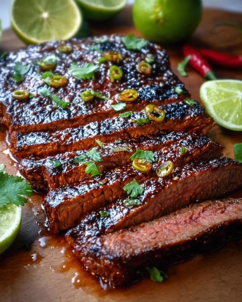 Grilled chili lime flank steak garnished with fresh lime and herbs.