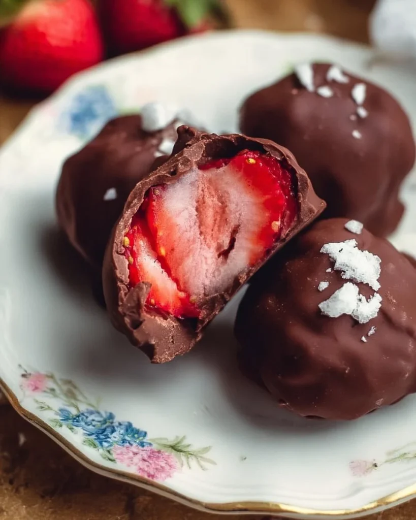 Frozen chocolate strawberry bites made with 3 ingredients for a healthy snack.