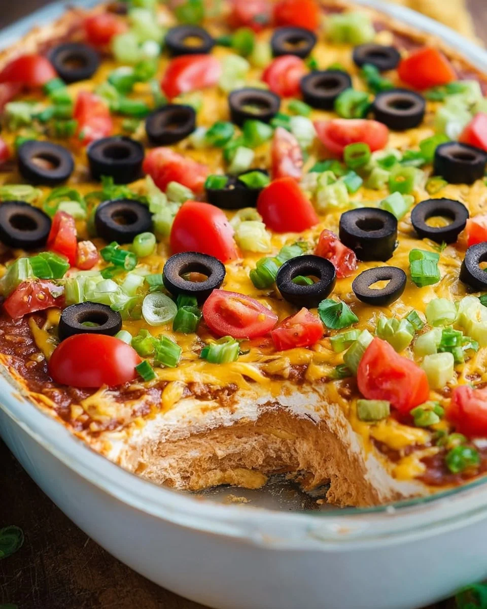 Delicious 7 Layer Taco Dip served in a colorful dish with toppings.