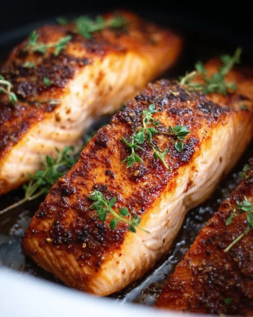 Perfectly cooked air fryer salmon fillet served with lemon and herbs