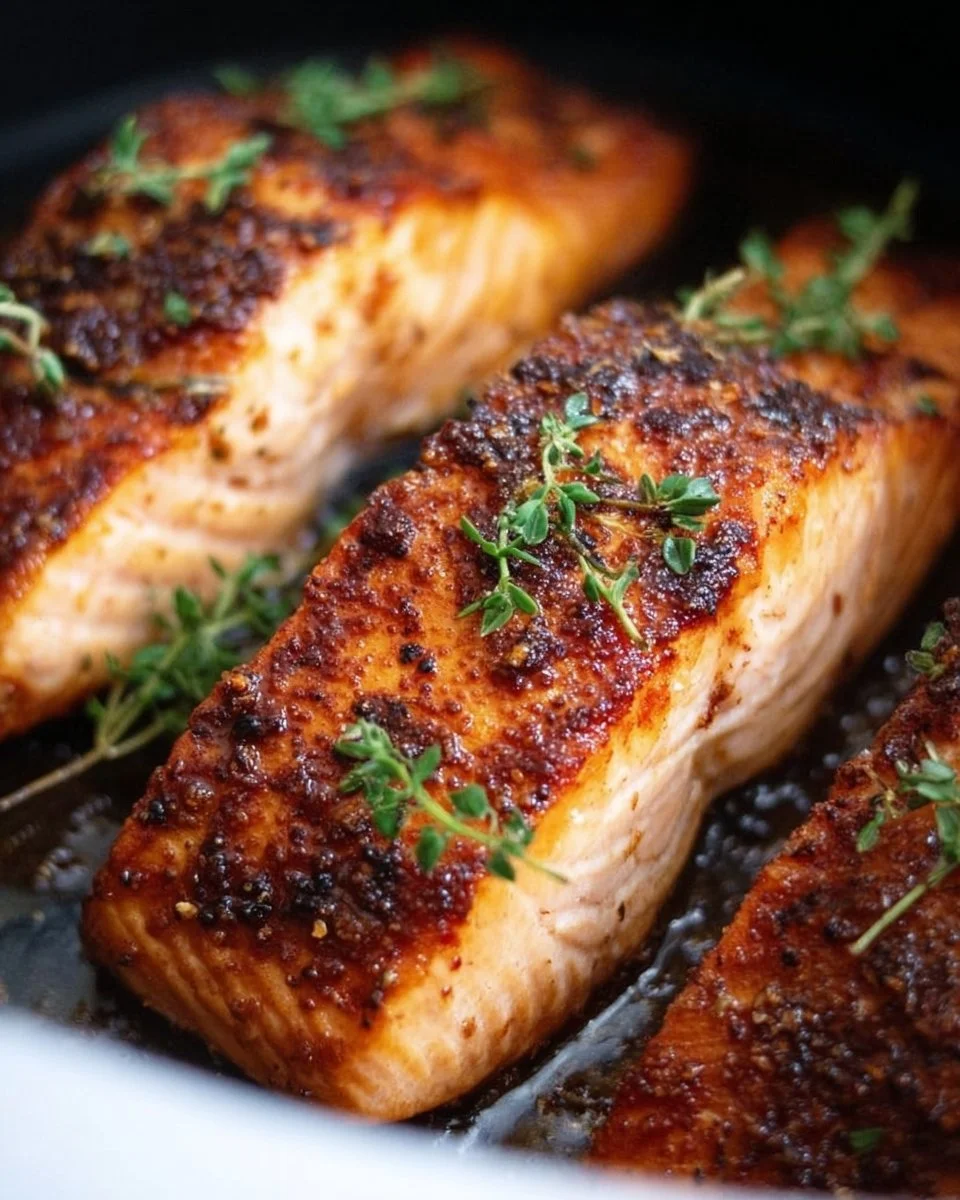 Perfectly cooked air fryer salmon fillet served with lemon and herbs