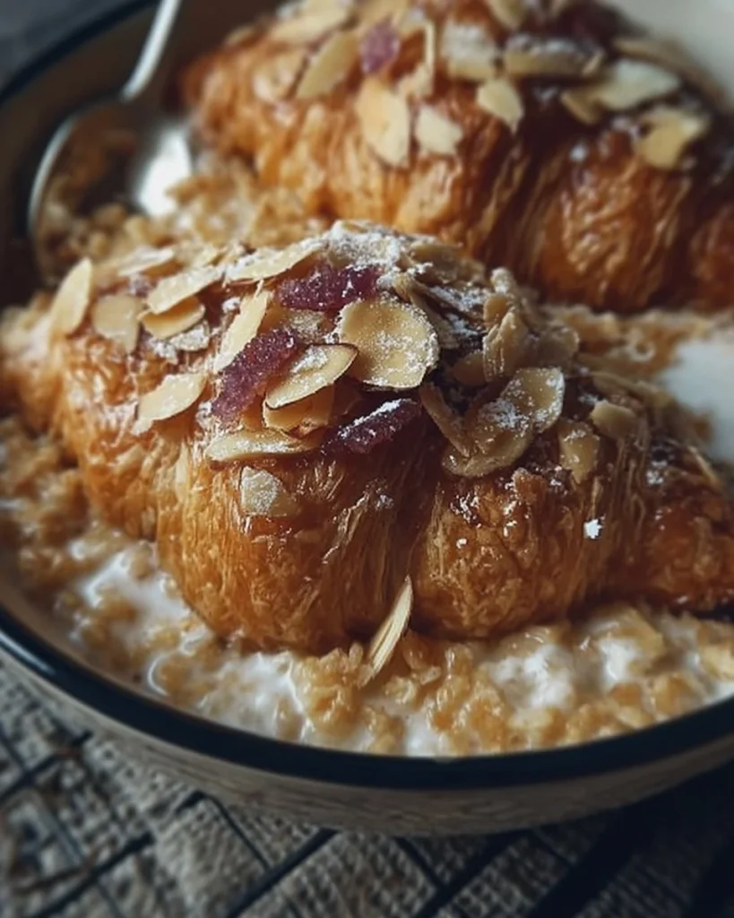 Almond Croissant Oats with sliced almonds and oats in a bowl