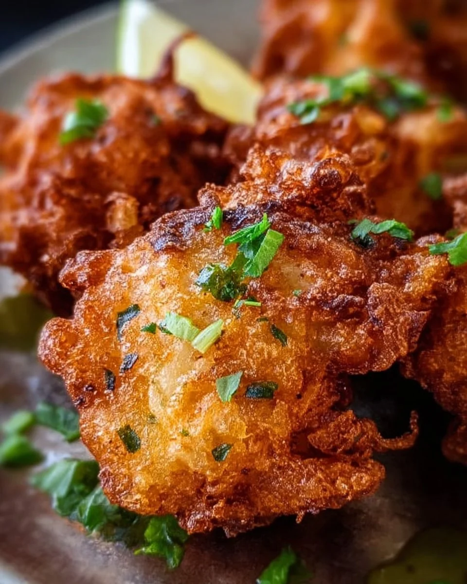 Crispy homemade Amish onion fritters served on a plate
