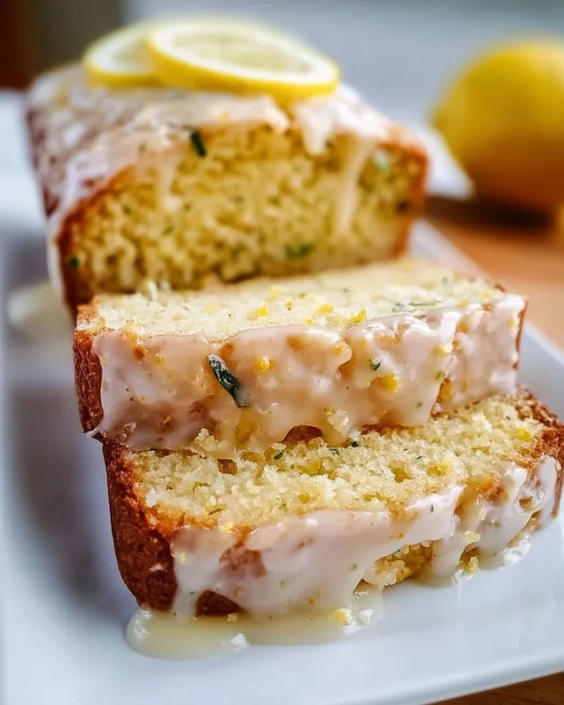 Award Winning Lemon Zucchini Bread slice on a wooden cutting board