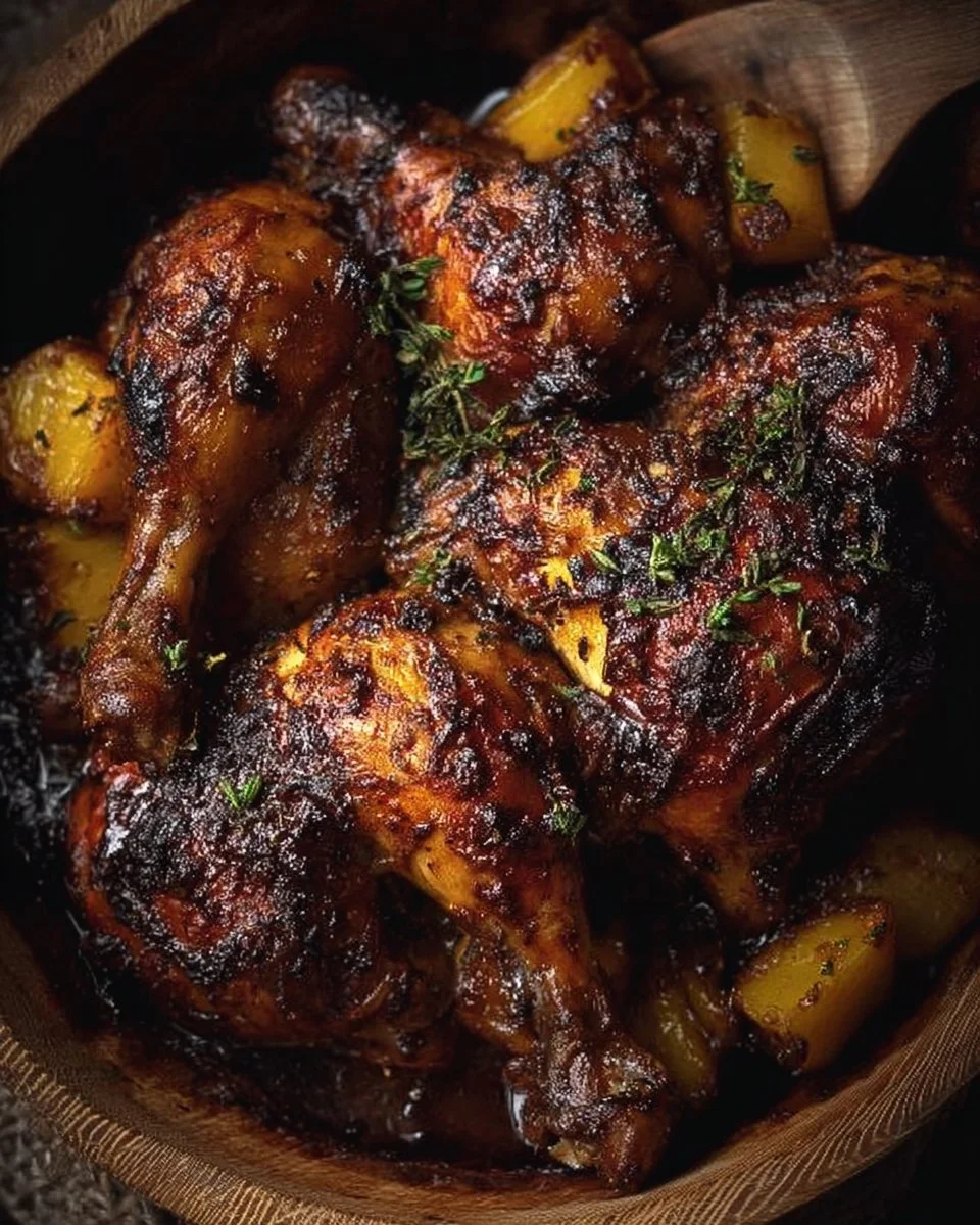 Baked Jamaican Pineapple Jerk Chicken garnished with herbs and spices.