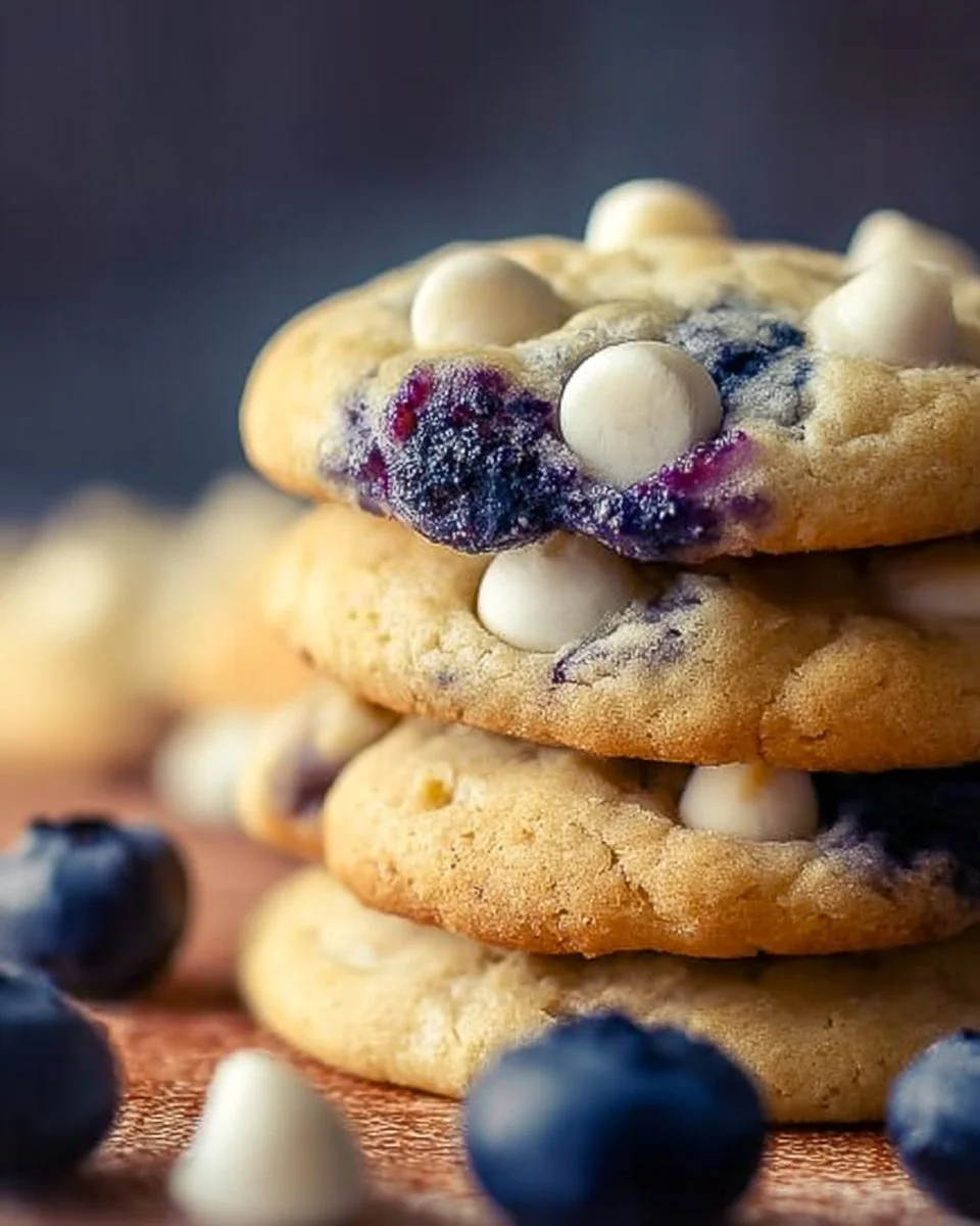 Bakery-style blueberry white chocolate chip cookies on a cooling rack.