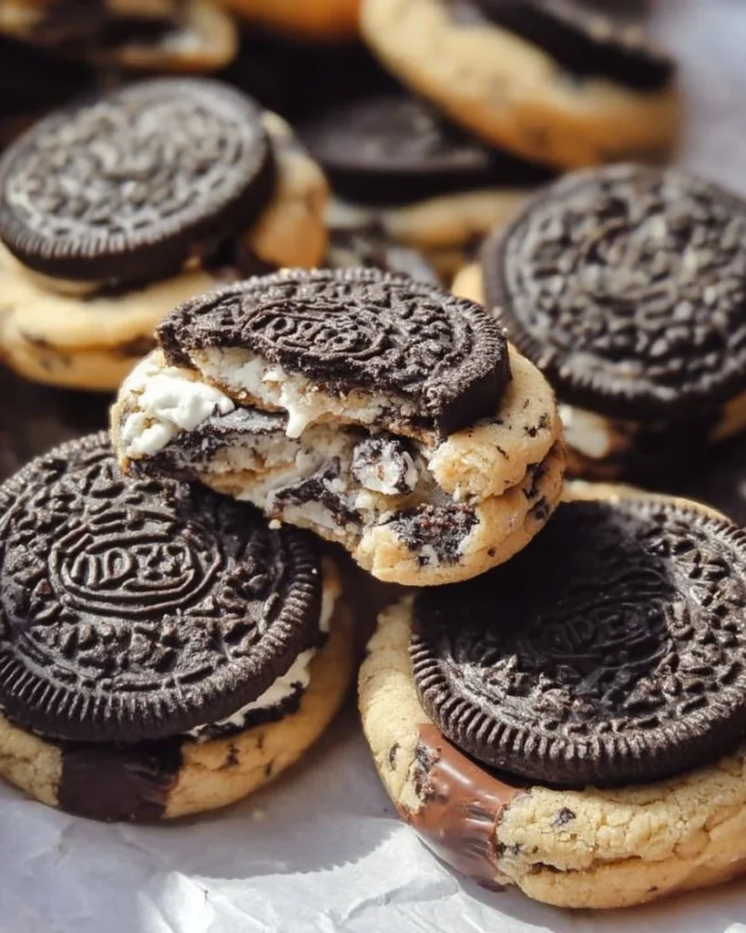 Bakery style Oreo cookies and cream cookies with a creamy filling
