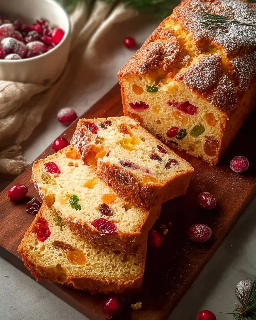 A slice of the best eggnog fruit bread with festive decorations around it