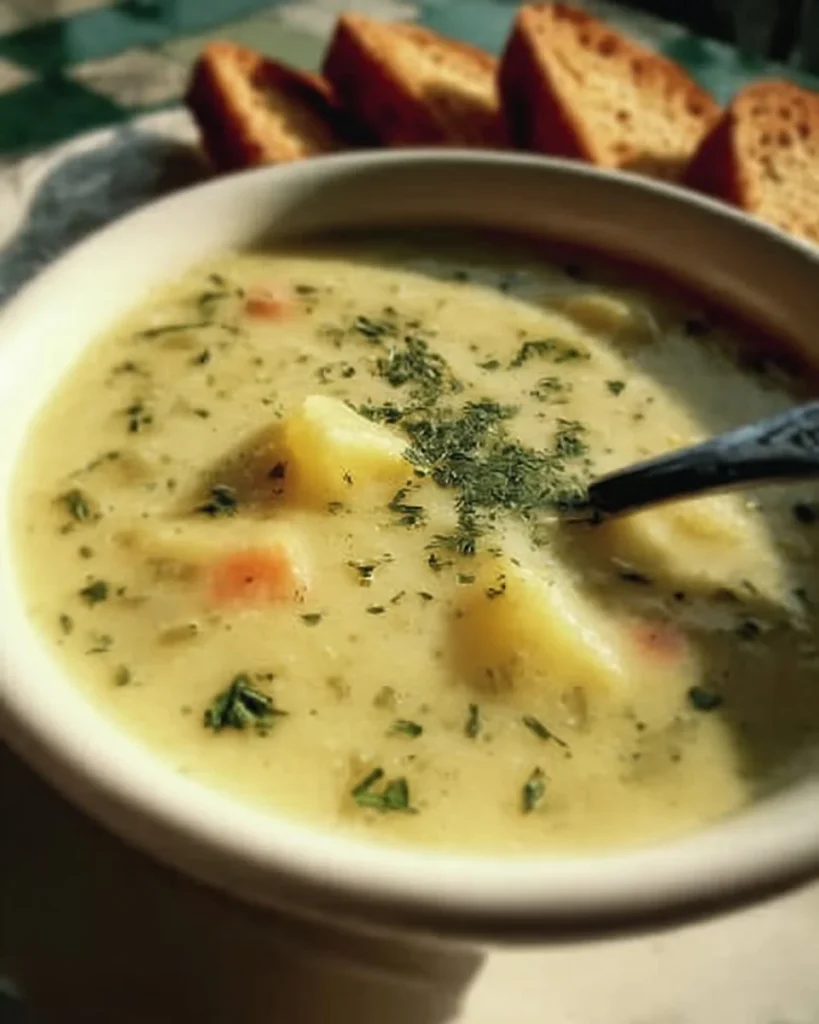 Creamy potato leek soup garnished with chives in a bowl