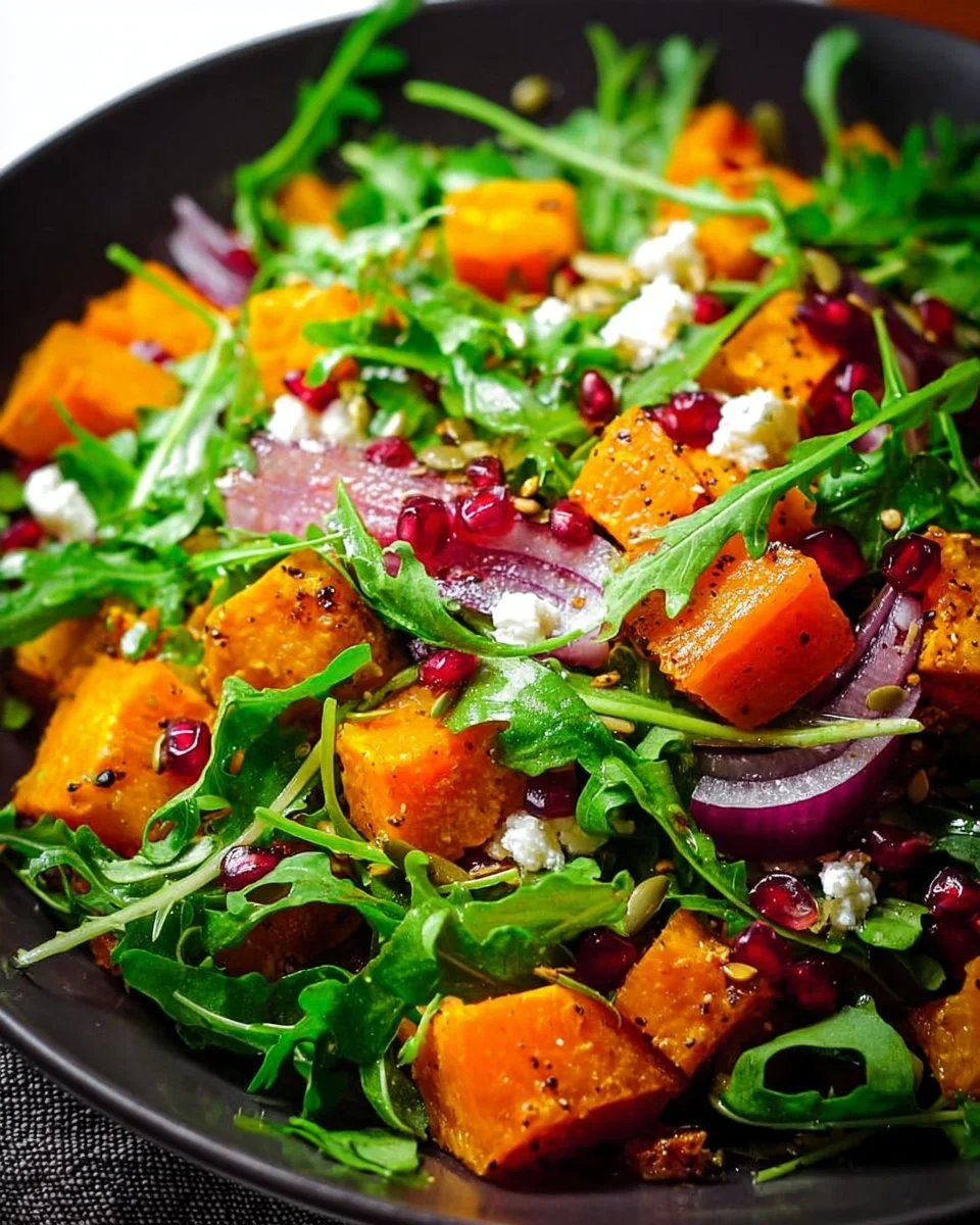 Vegetarian butternut squash arugula salad with vibrant ingredients