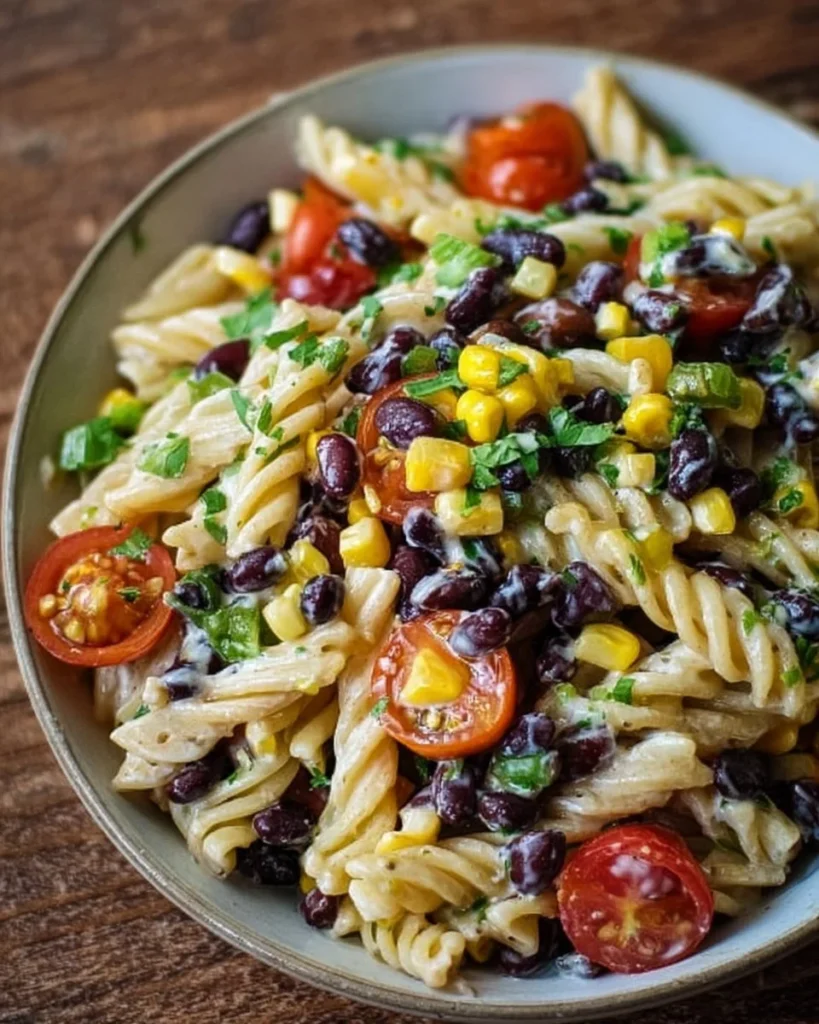 A colorful Black Bean and Corn Pasta Salad topped with Lime Greek Yogurt Dressing.