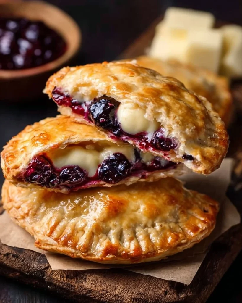 Blueberry cheesecake hand pies with fresh blueberries and creamy filling
