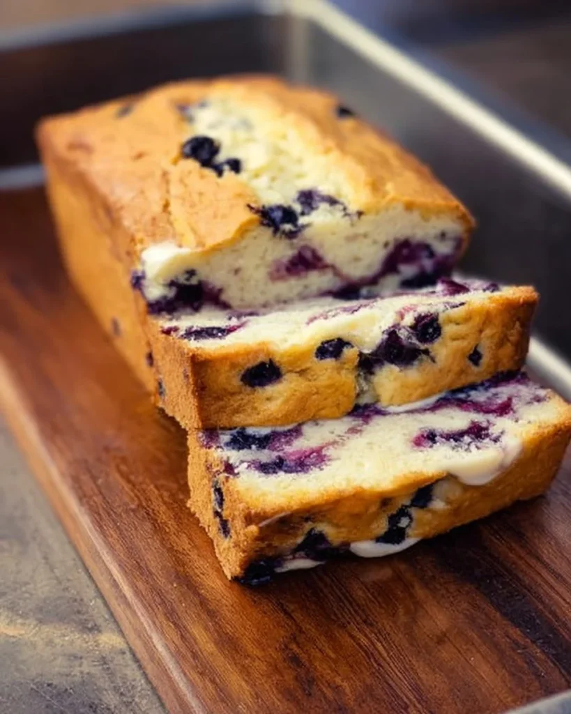 Slice of Blueberry Cream Cheese Bread with vibrant blueberries on a wooden cutting board.