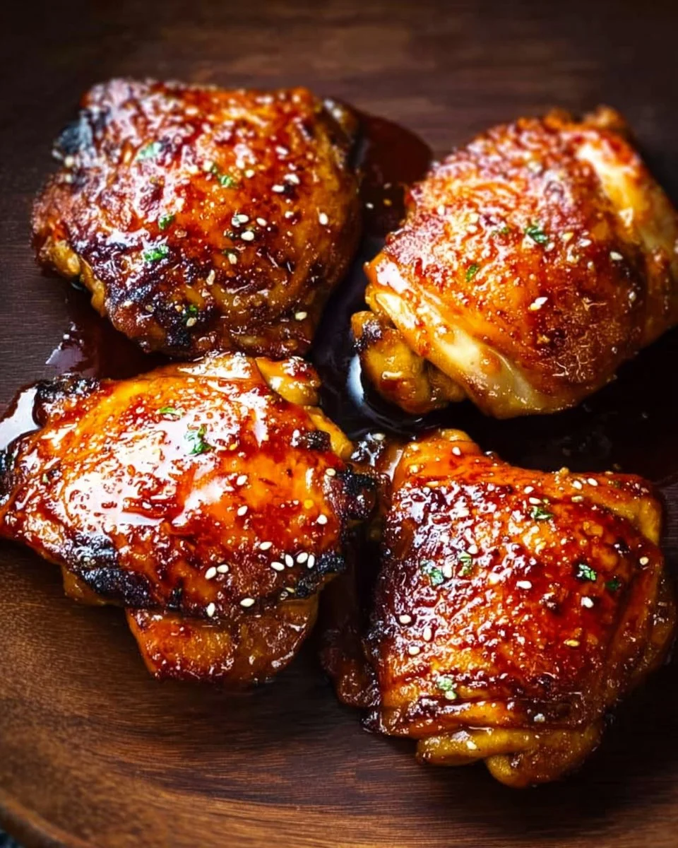 Delicious Bone In Teriyaki Chicken Thighs served on a plate with garnish.