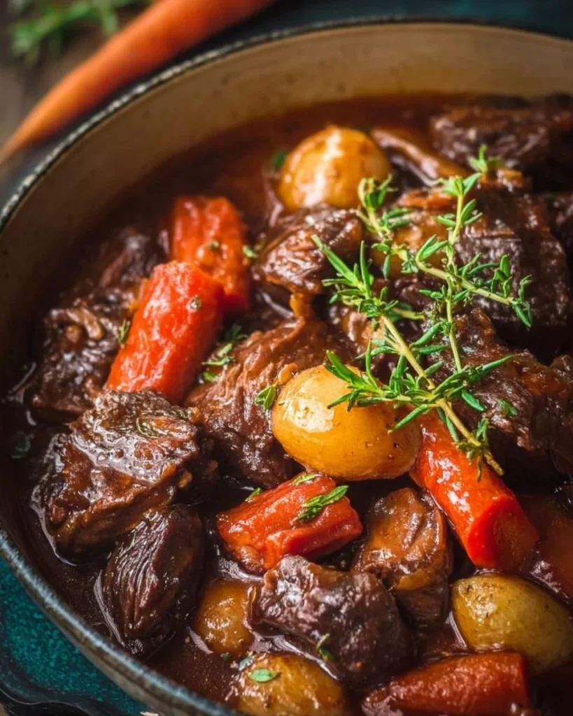 Delicious bowl of braised beef stew with vegetables and herbs