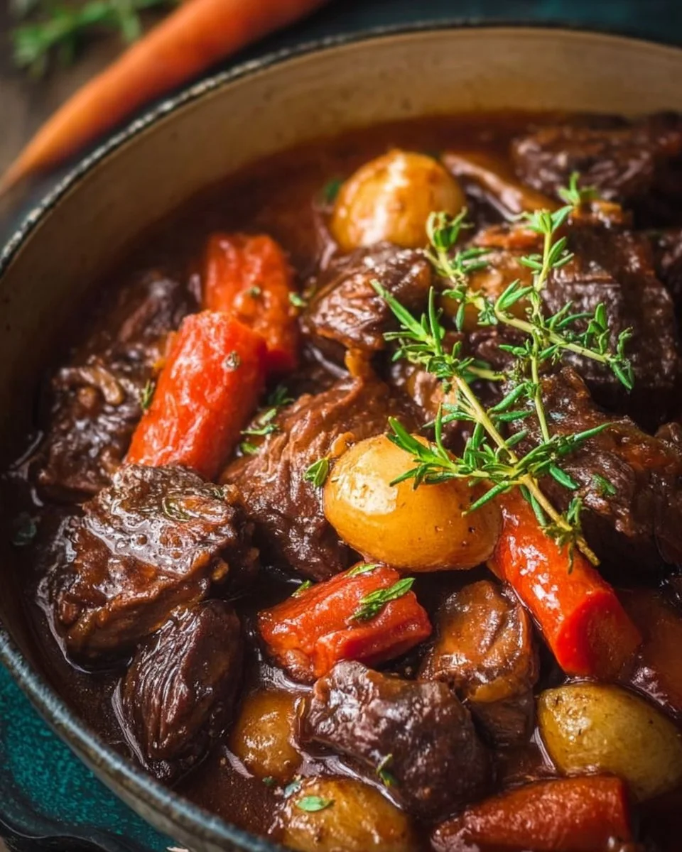 Delicious bowl of braised beef stew with vegetables and herbs