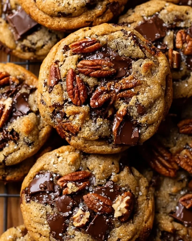 Delicious brown butter pecan chocolate cookies on a rustic wooden table