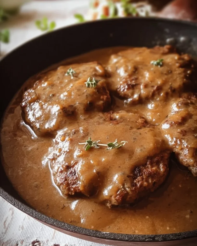 Delicious hamburger steaks topped with brown gravy for a hearty meal