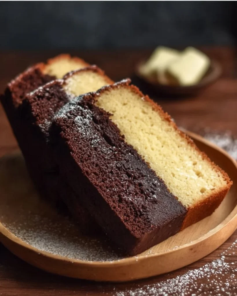 Delicious slice of Brownie Butter Cake topped with chocolate drizzle