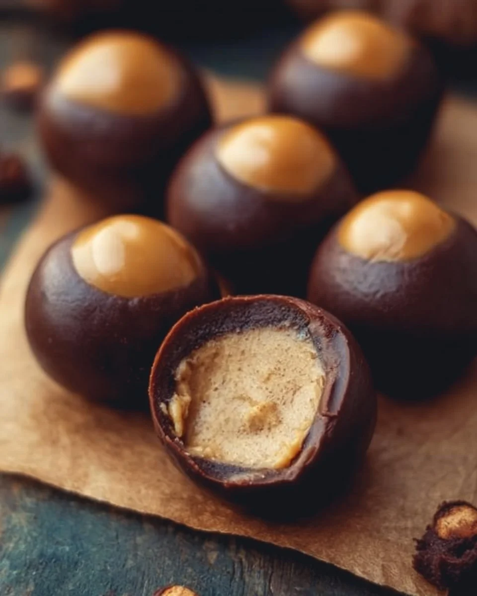 Delicious homemade Buckeye Balls with chocolate and peanut butter.