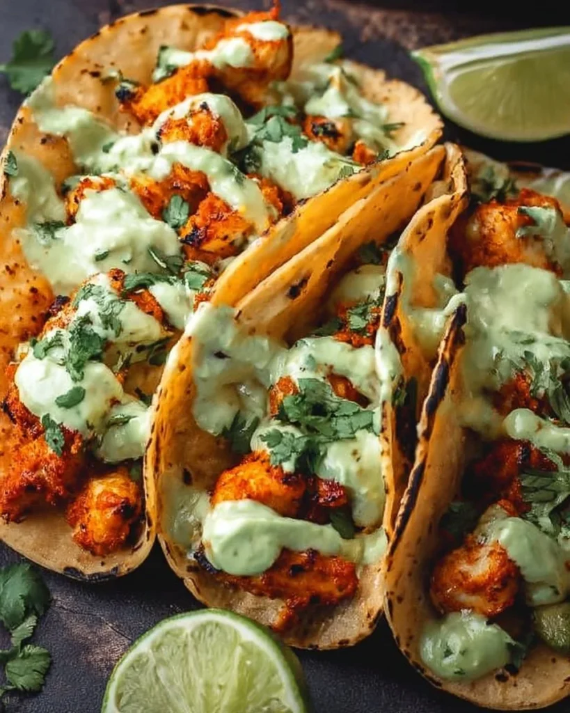 Buffalo Chicken Crispy Tacos topped with Avocado Crema on a plate