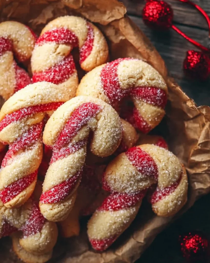 Buttery Almond Candy Cane Cookies decorated with festive peppermint stripes.