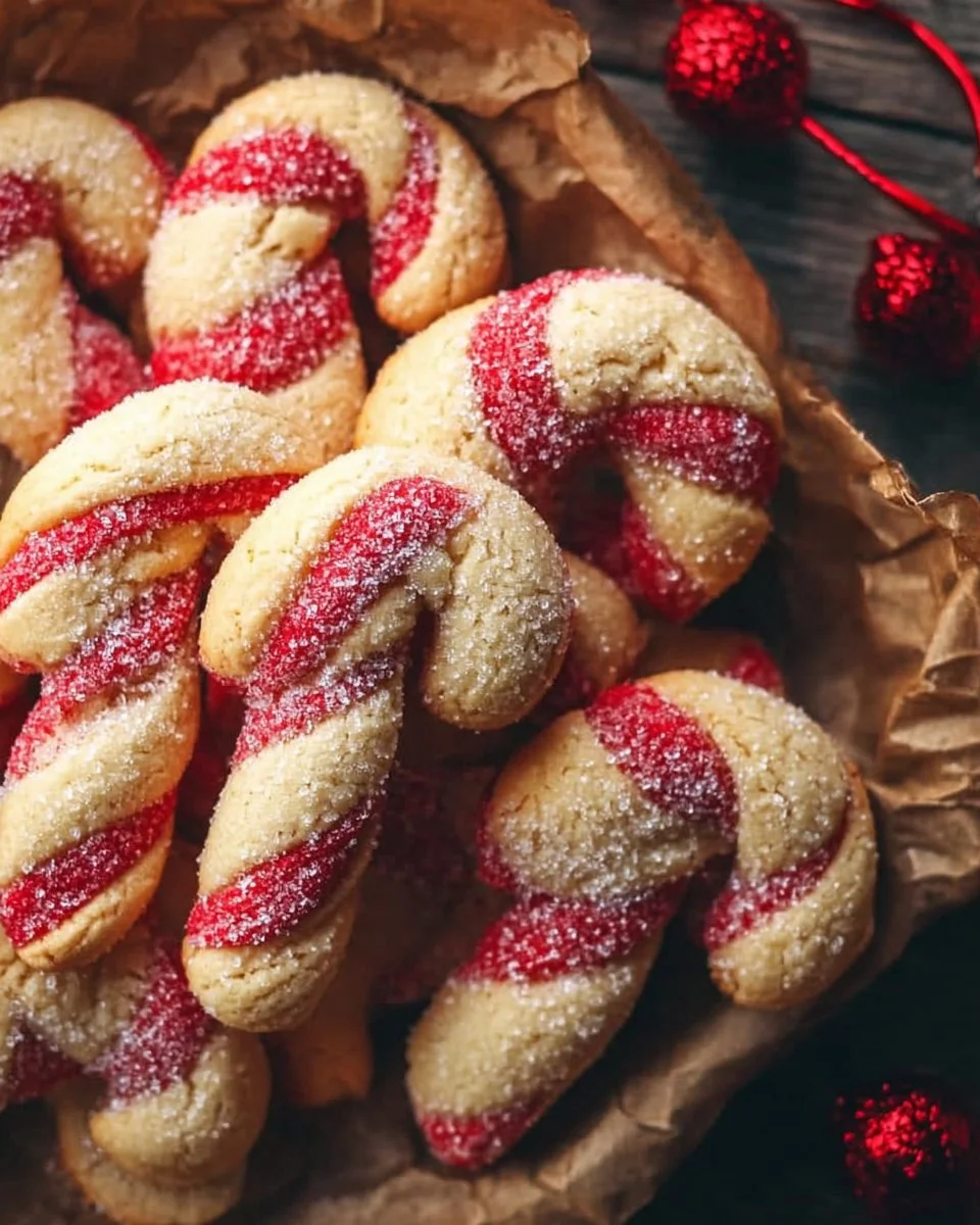 Buttery Almond Candy Cane Cookies decorated with festive peppermint stripes.
