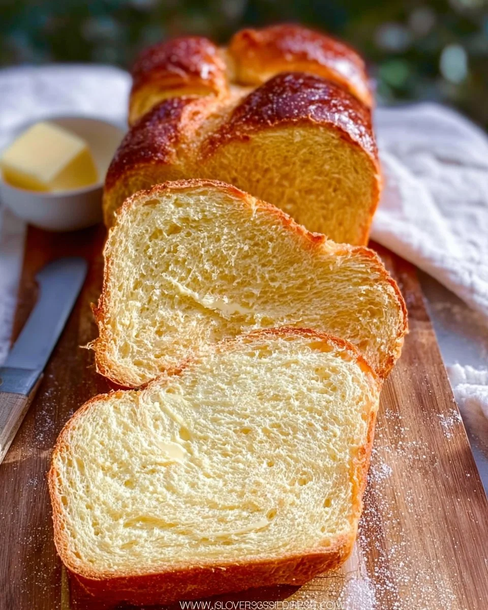 Freshly baked buttery brioche bread loaves on a wooden surface.