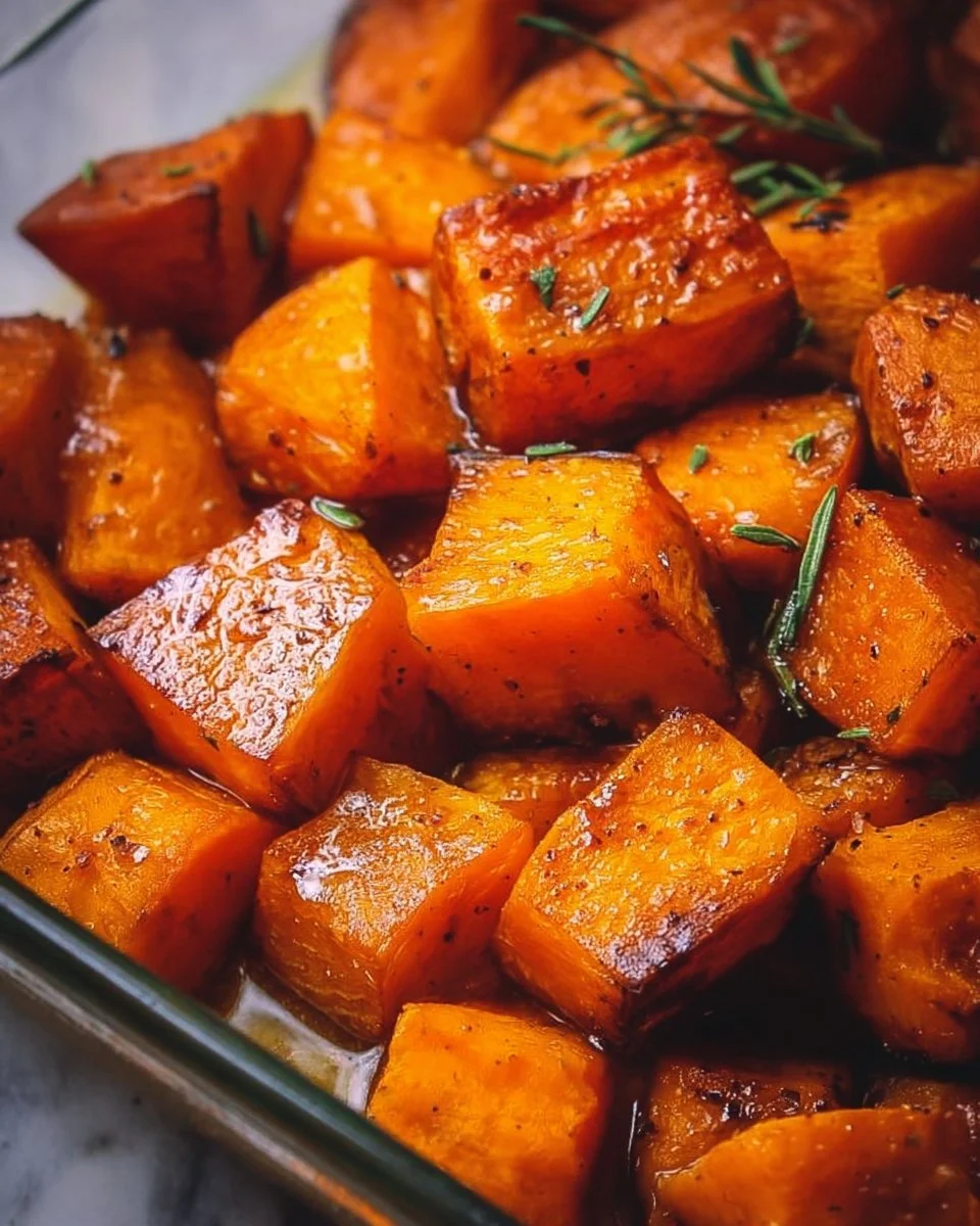 Plate of buttery maple roasted sweet potatoes garnished with herbs