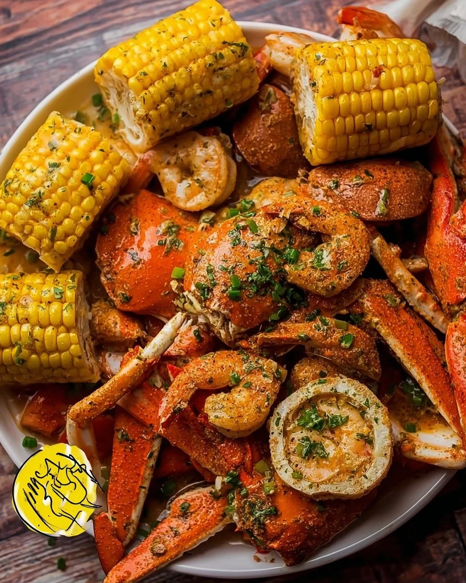 Cajun seafood boil featuring shrimp, crab, and sausage in garlic butter sauce.