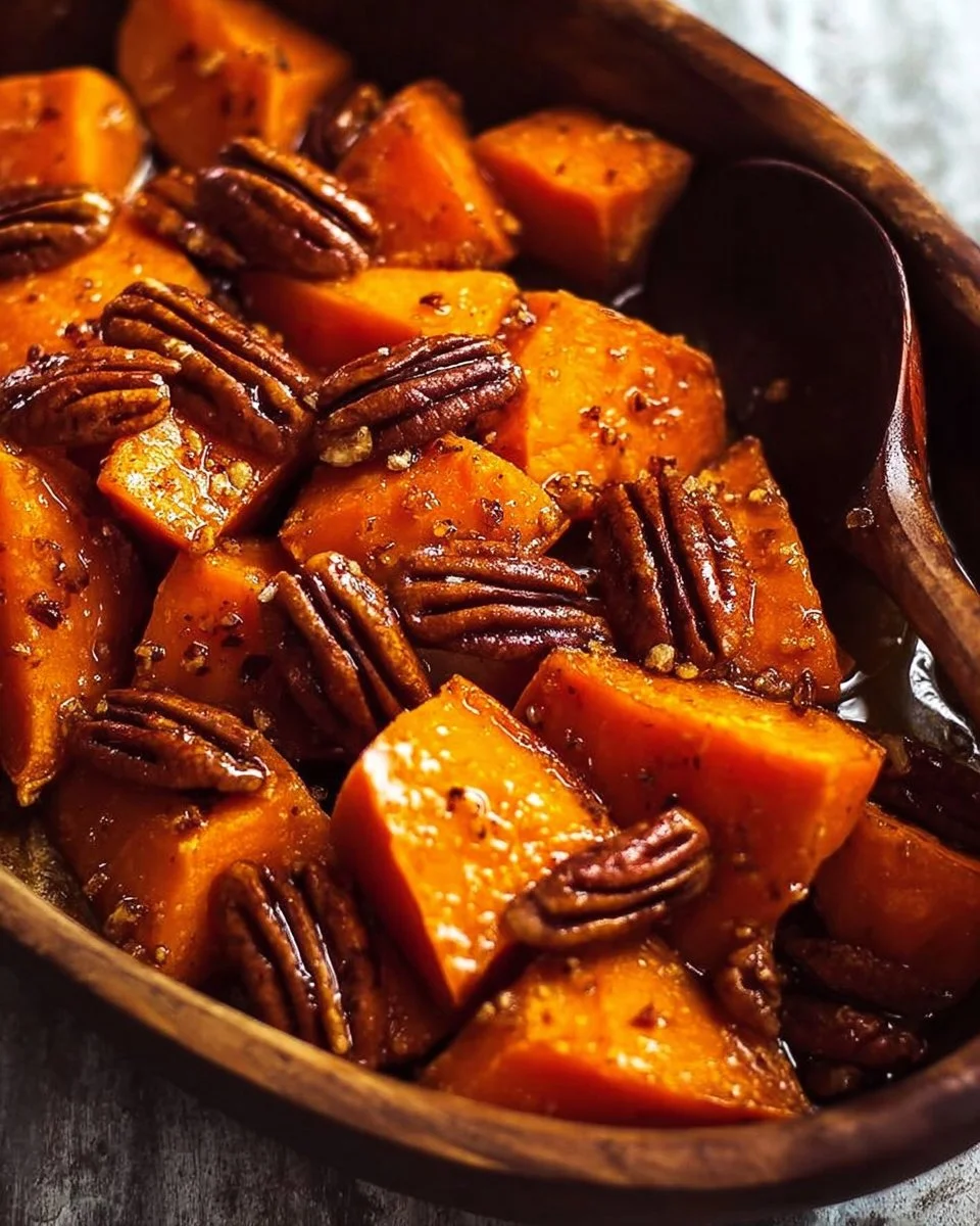 Maple roasted caramelized sweet potatoes with pecans on a plate