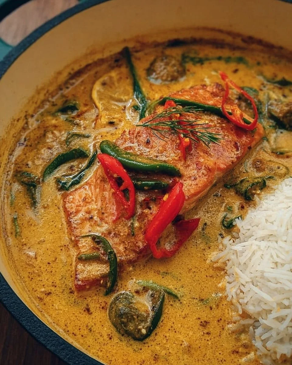 Delicious Caribbean-Style Coconut Curry Salmon served with rice and vegetables