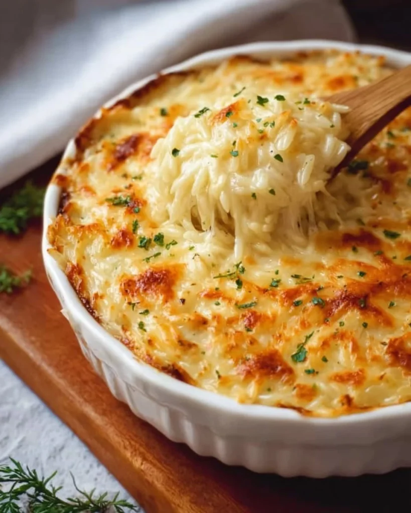 Cheesy baked orzo topped with melted cheese and herbs in a baking dish.