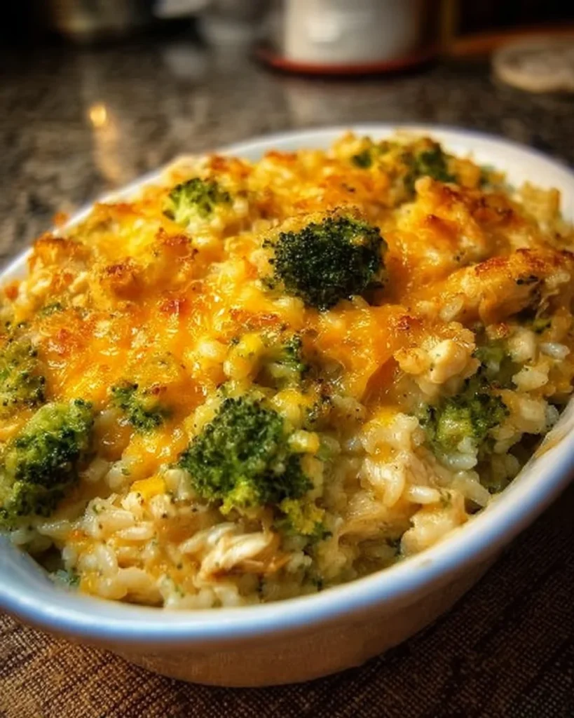 Cheesy broccoli chicken and rice casserole baked to perfection