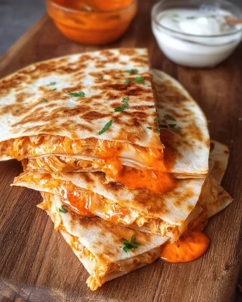Cheesy Buffalo Chicken Quesadillas with melted cheese and spicy chicken filling
