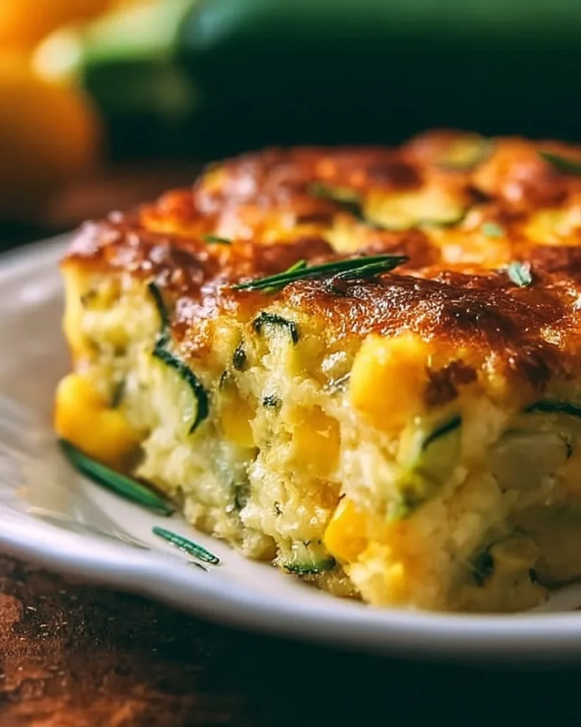 Cheesy garden zucchini cornbread casserole topped with fresh herbs and melted cheese.