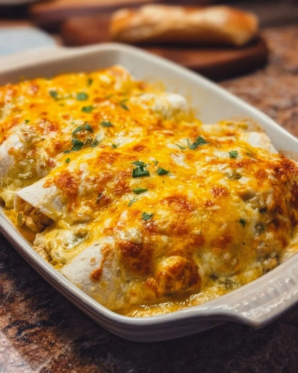 Cheesy sour cream chicken enchiladas topped with melted cheese and garnished