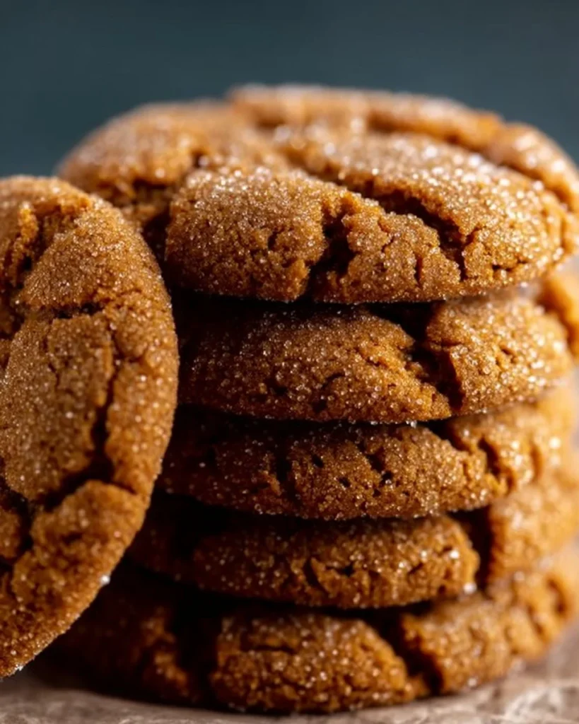 Chewy gingersnap cookies on a plate, with spices and sugar sprinkled on top.