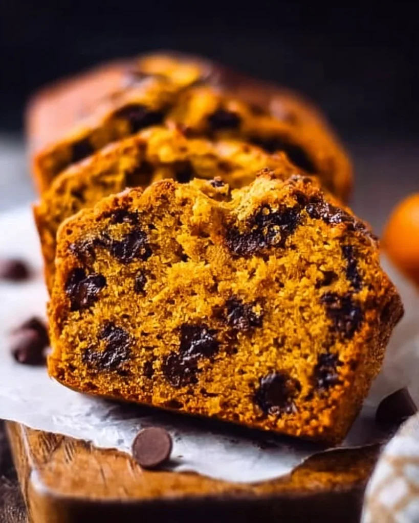 Loaf of chocolate chip pumpkin bread with slices on a cutting board